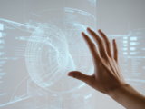 Hand interacting with a glowing digital blueprint, symbolizing custom web development and future-proof business solutions.