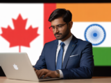 Photorealistic image of an Indian investor working on a laptop with Canadian and Indian flags in the background symbolizing cross-border cybersecurity consulting