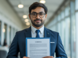 Photorealistic image of an Indian business professional holding official documents representing EPR certification compliance