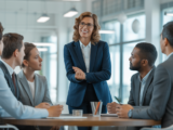 Confident business coach consulting with entrepreneurs in modern office, symbolizing brand positioning coaching for businesses