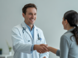 Friendly primary care doctor shaking hands with a patient in a bright modern clinic, neutral background