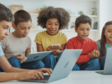 Photorealistic image of children and teenagers participating in a telehealth therapy session using digital devices in a neutral professional setting