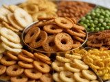 Assortment of traditional Clean Telugu snacks including banana chips, millet murukku, roasted spicy peas, and healthy bhuja mixes on a clean white background