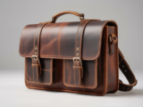 Photorealistic image of a vintage leather messenger bag with natural patina, metal hardware, and flap closure on a white background